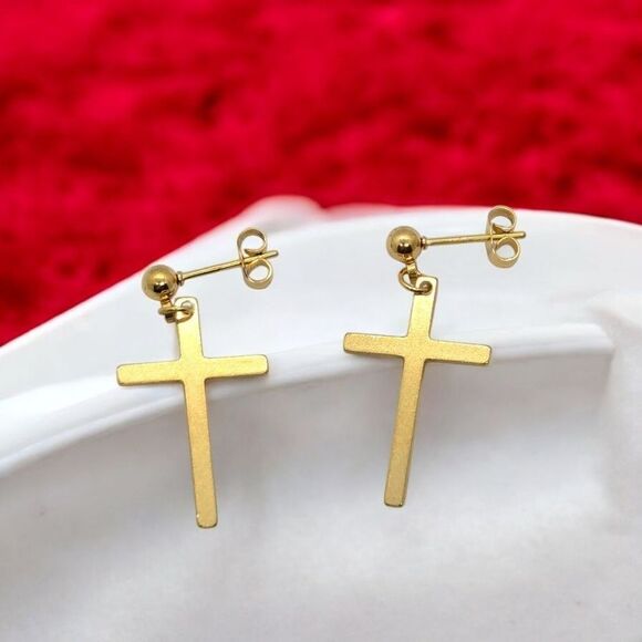 Elegant Gold Cross Earrings Stainless Steel Pierced Ears Women's Jewelry Dangle - Picture 4 of 5